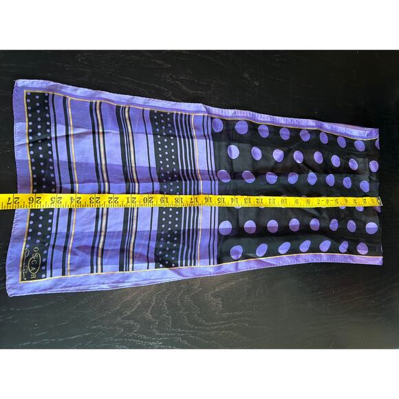 Oscar- Oscar De La Renta- silky purple black polka dots- neck scarf- gold - Picture 3 of 7